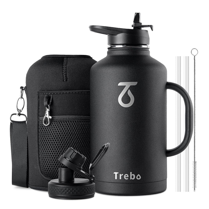 Trebo 1,8 l Wasserflasche isoliert mit Strohhalm und 2 Deckeln, doppelwandig, Vakuum, Edelstahl, Met