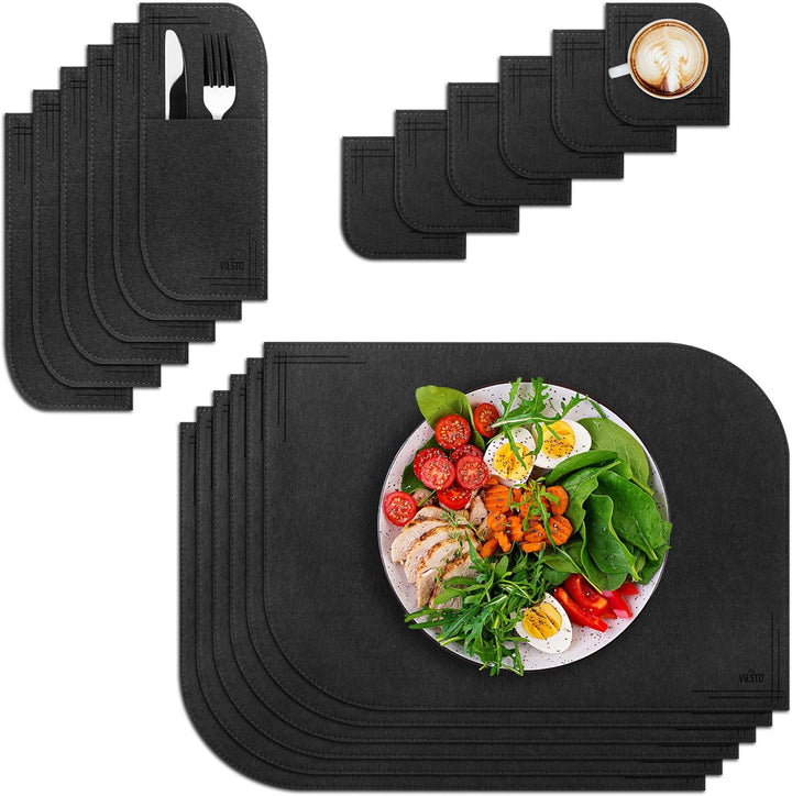 VILSTO Tischset Filz 18er Set, Tischsets Abwaschbar, Teller Set Untersetzer Gläser Bestecktaschen, K