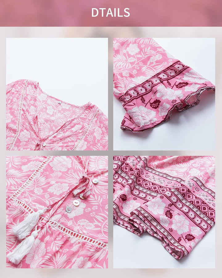 BebreezChic Damen Kleid Kurz Boho V-Ausschnitt Hohe Taille Vintage Fransen Luftig Casual Minikleider