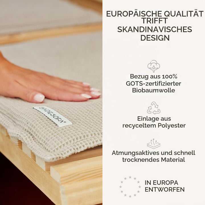 SAUNASOFA Set Short – 2-Sitzer Sauna-Auflage mit Kissen – Saunamatte für Infrarot-Kabine &amp; klassisch