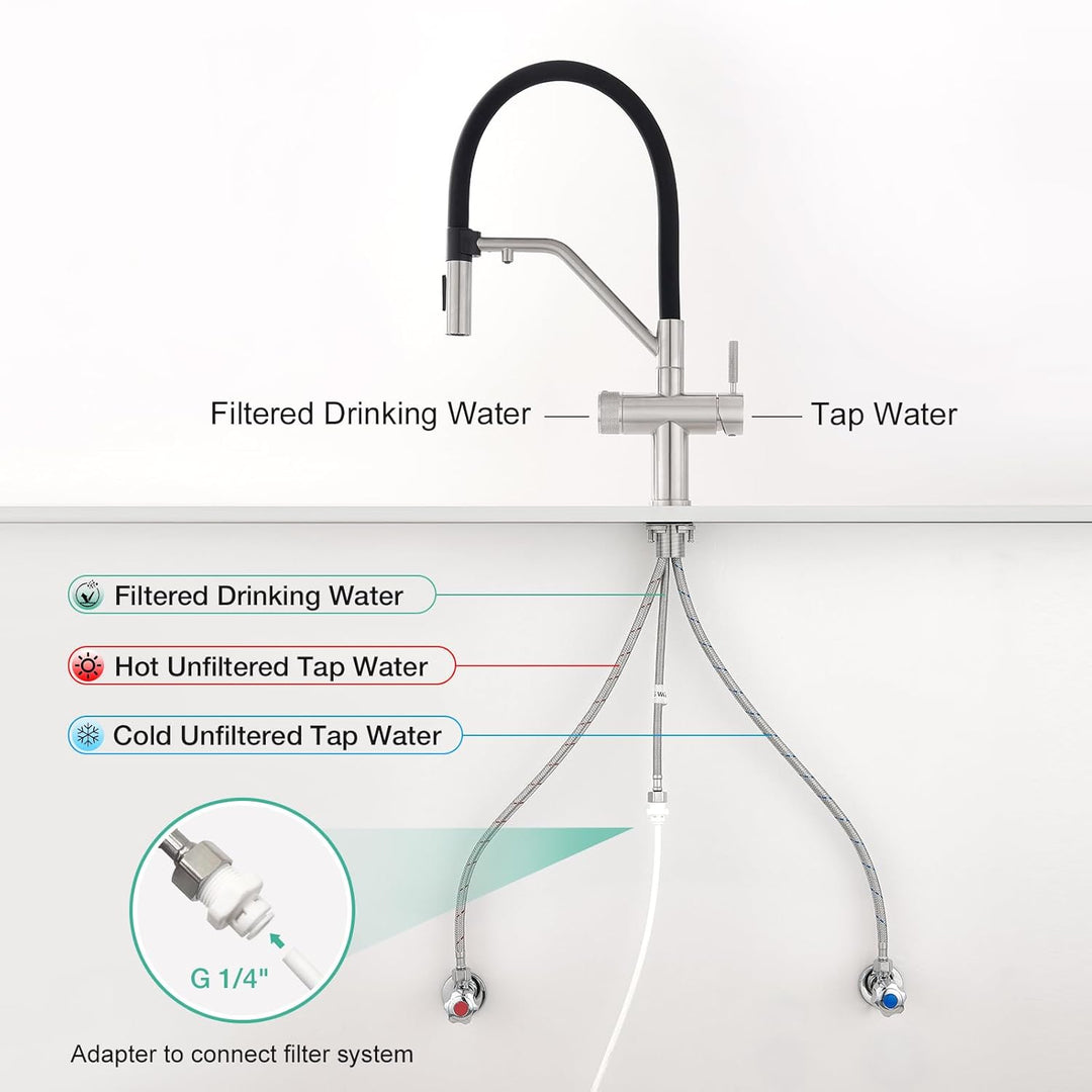 Faustina 3 Wege Küchenarmatur abnehmbar, Doppelhebel Armatur Wasserhahn Küche mit Trinkwasser Osmose