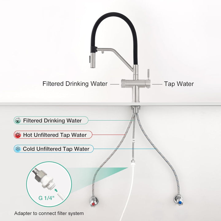 Faustina 3 Wege Küchenarmatur abnehmbar, Doppelhebel Armatur Wasserhahn Küche mit Trinkwasser Osmose