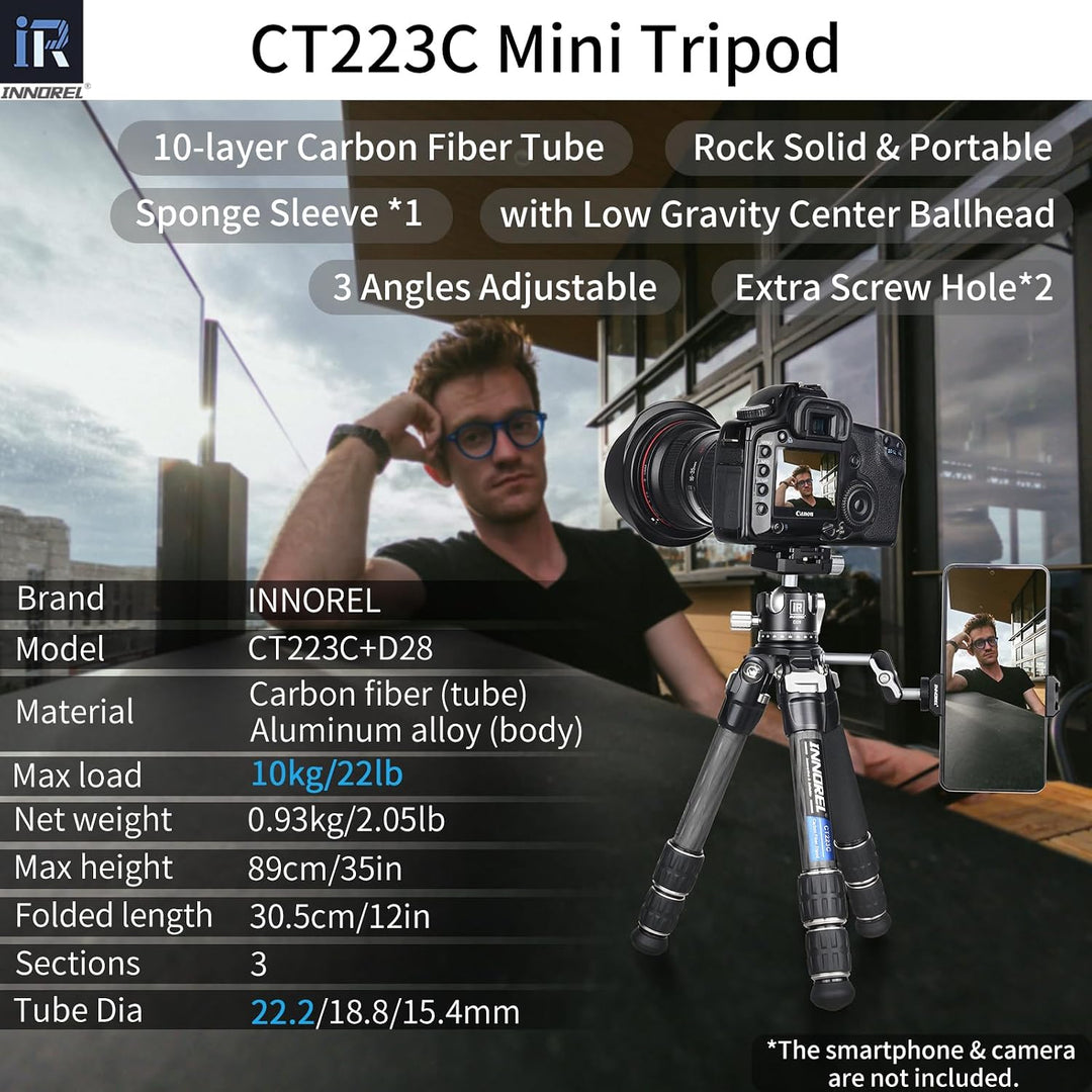 INNOREL CT223C 10-lagiges Kohlefaser-Tischstativ mit 28 mm niedrigem Profil-Kugelkopf und Mittelsäul