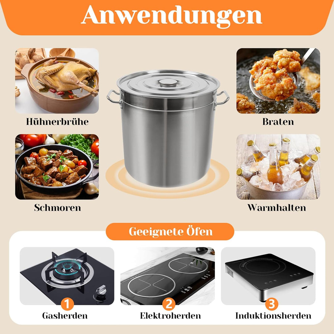70L Kochtopf, 45cm Topf Gross Edelstahl Suppentopf mit Versenkbarer Deckel und Griffe, Kochtöpfe Hoc