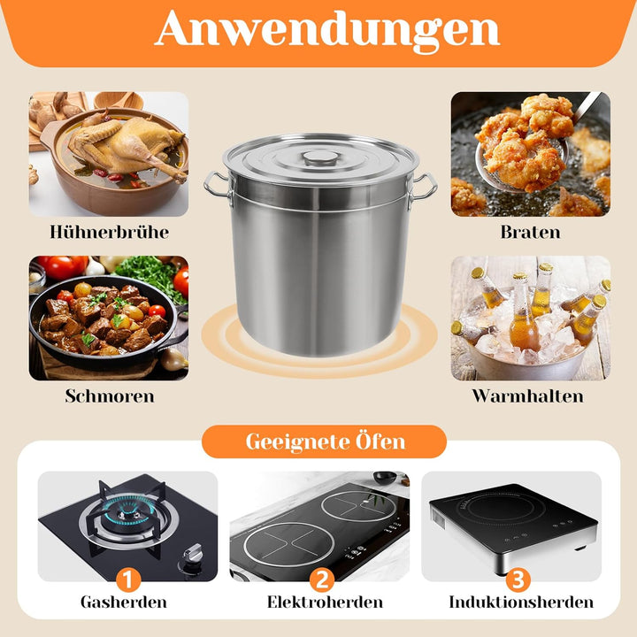 70L Kochtopf, 45cm Topf Gross Edelstahl Suppentopf mit Versenkbarer Deckel und Griffe, Kochtöpfe Hoc