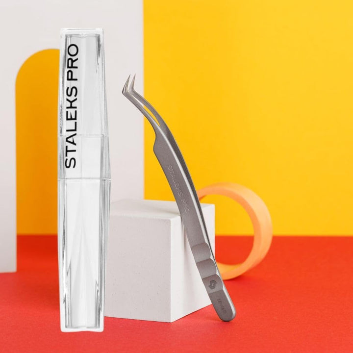 STALEKS PRO Professionelle gebogene Pinzette für Wimpernverlängerung, Volumenmodellierung, Edelstahl
