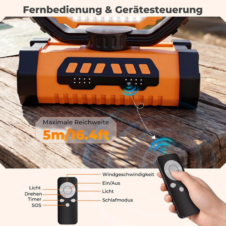 Outdoor Camping Ventilator mit Licht, 20000mAh Akku, wiederaufladbarer tragbarer Ventilator mit Fern