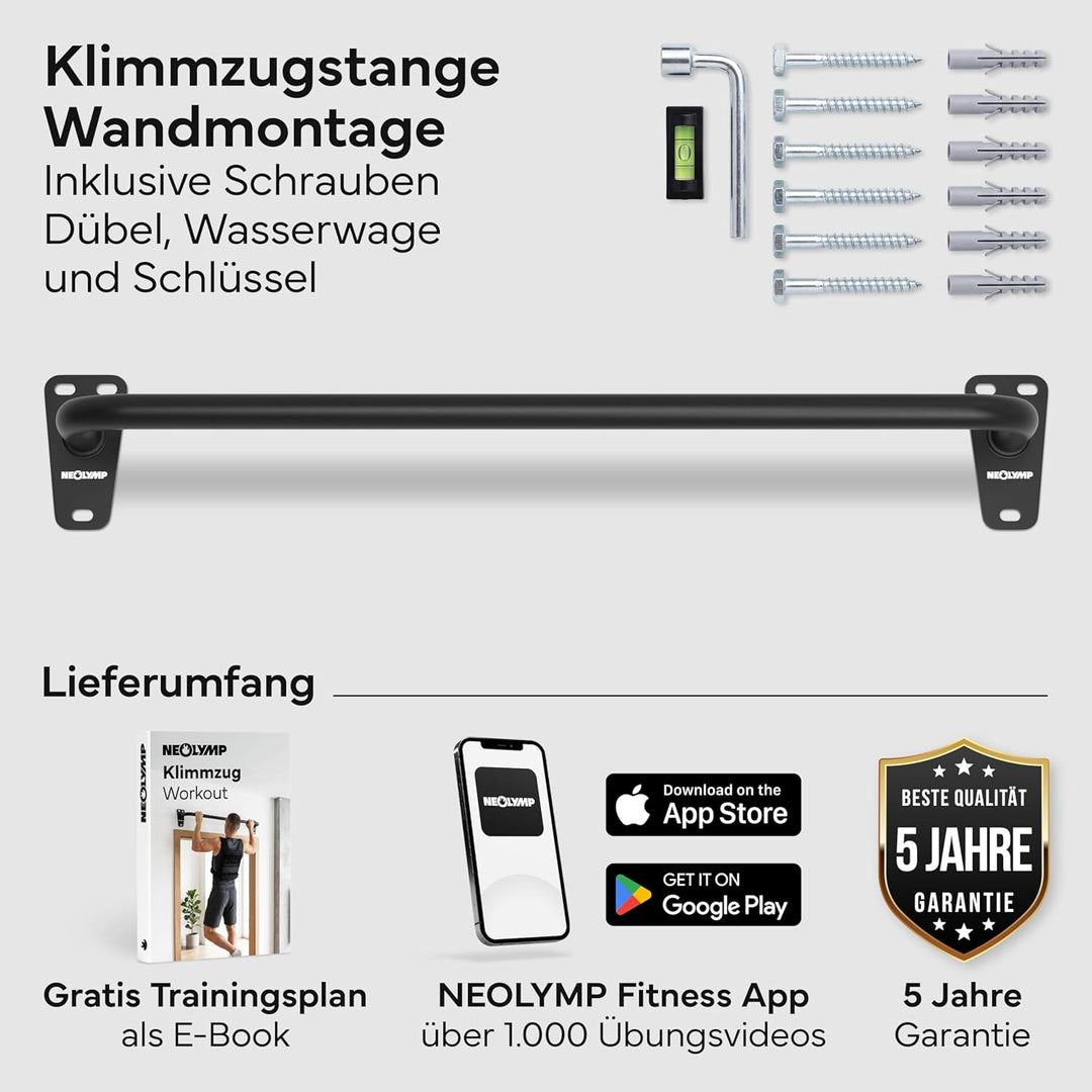 NEOLYMP Klimmzugstange Wandmontage bis 200kg – Stabile Pull Up Bar aus Premium Stahl für Home Gym, O