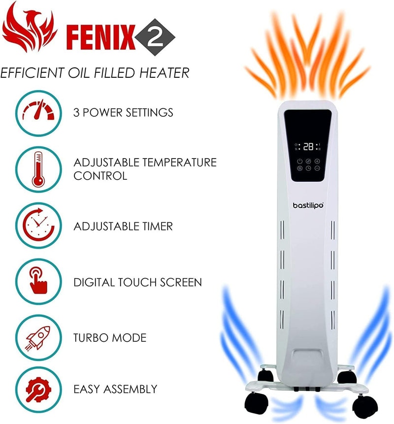Bastilipo Fenix 2-1500 - Ölradiator - 1500 W Leistung - LED-Touchscreen - 3 Leistungsstufen - Kamine