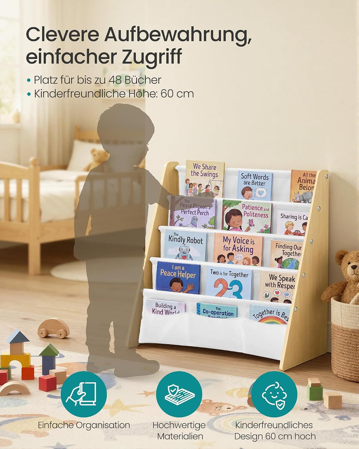 SONGMICS Bücherregal Kinder, mit 4 Ebenen, 62,4 x 25 x 60 cm | Montessori Regal, Stahl, Oxford-Geweb