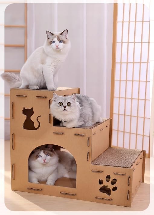 Papp-Katzenhaus - Zweistöckige Katzenhöhle aus Pappe - Stecksystem - Leichtes Design - Kombination a