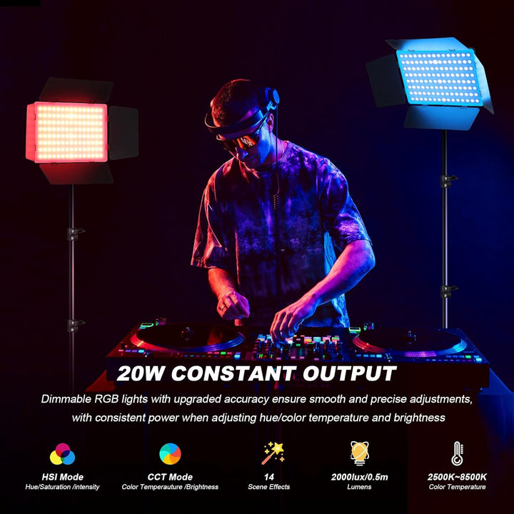 Soonpho 2-Pack RGB LED VideoLicht Set Panel Videoleuchte Barn Door 2500–8500K Dimmbare 20W Light Fot