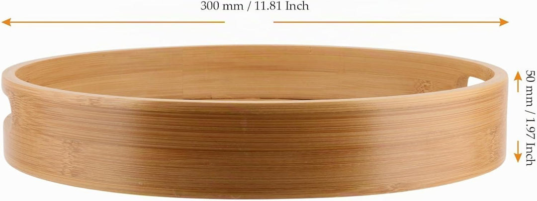 FAAING 2 Stück 30cm Bambus Tablett Rund, Gross Holz Serviertablett mit Griffen, Holztablett Rund Küc