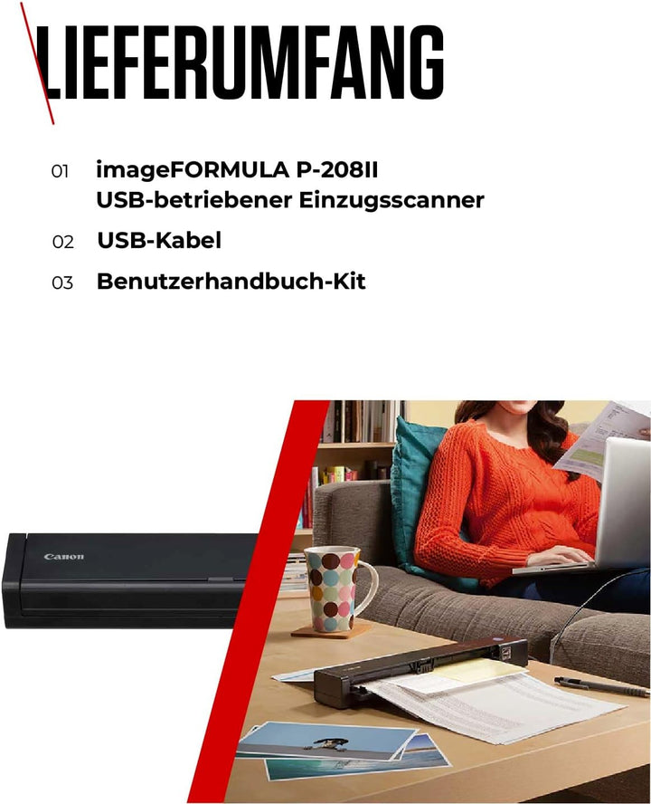 Canon P-208II - imageFORMULA Mobiler Dokumentenscanner (Duplex DIN-A4 Einzug, Farbe, 600dpi, 8 Seite