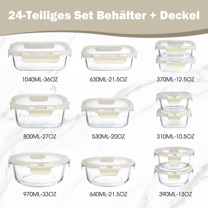 YASHE Glasbehälter mit Deckel, 12 Teile Stapelbar & Luftdicht Meal Prep Boxen Glas für Spülmaschine,