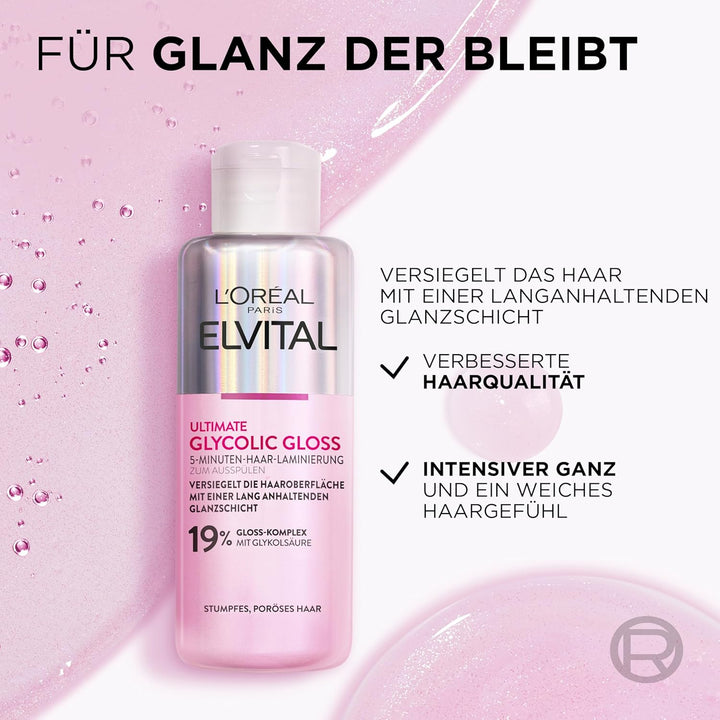 L'Oréal Paris Elvital Glycolic Gloss Bundle mit Shampoo, Spülung, 5 Minuten Haar-Laminierung für gla