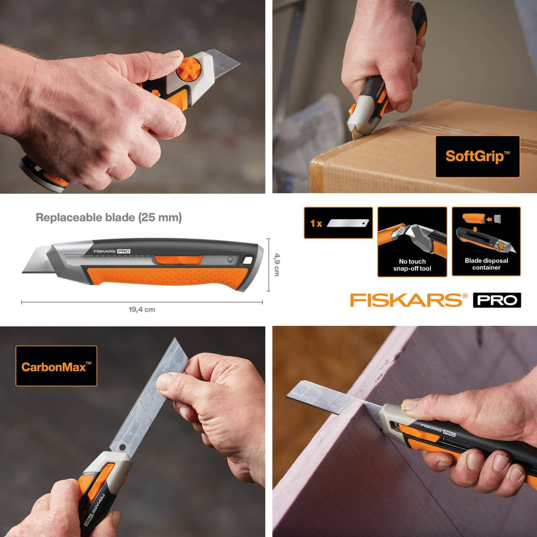 Fiskars Cuttermesser, Länge 19,4 cm, Inklusive Klinge (25mm), Rostfreier Stahl/Kunststoff, Schwarz/O