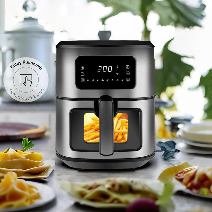 Karaca Multifry Inox XXL 7 Liter Airfryer mit digitalem Glasfenster, Heissluftfritteuse, 360-Grad-Lu