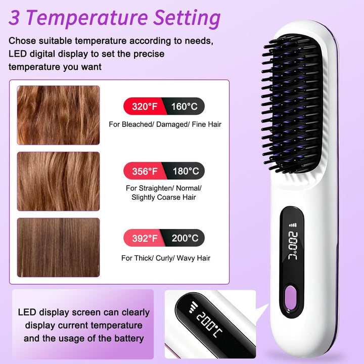 Stylingbürste für Kurze Haare, Kabellose Styling Bürste, Glättbürste Kabellos mit 3 Wärmestufen 160°