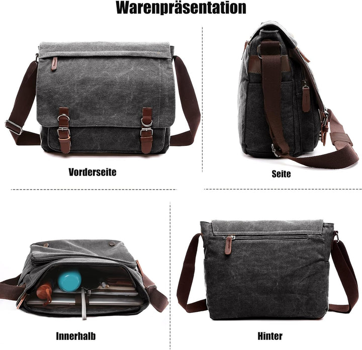 CALIYO Umhängetaschen Herren aus Canvas Schultasche Queformat A4 Laptoptasche für 15,6 Zoll Laptop A