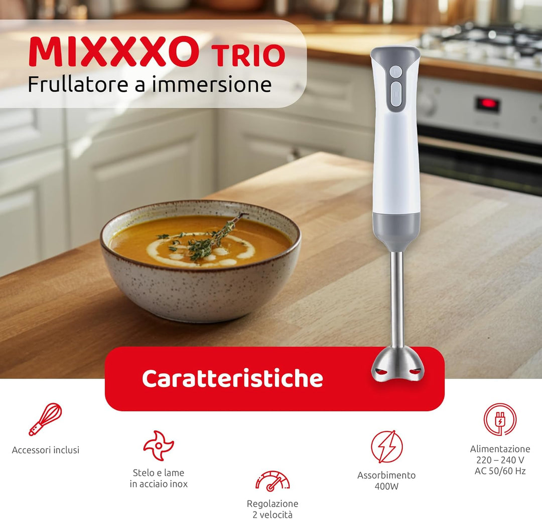 Melchioni Family MIXXXO TRIO, Stabmixer, abnehmbarer Stahlfuss, Mixer mit 2 Geschwindigkeiten, Stahl