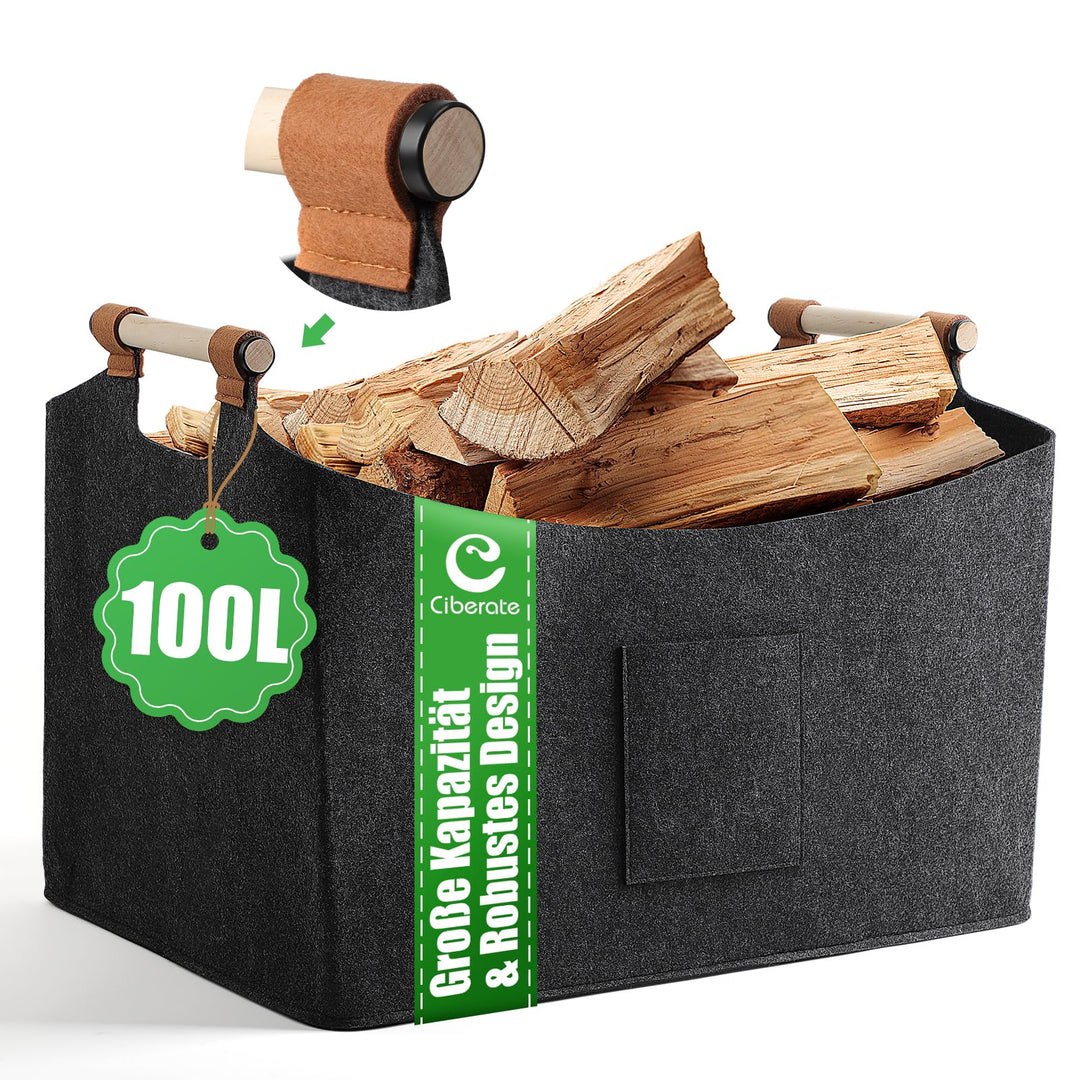 XXXL 100L Filzkorb Holzkorb für Kaminholz Brennholzkorb Faltbare Filztasche mit rutschfester Griffe