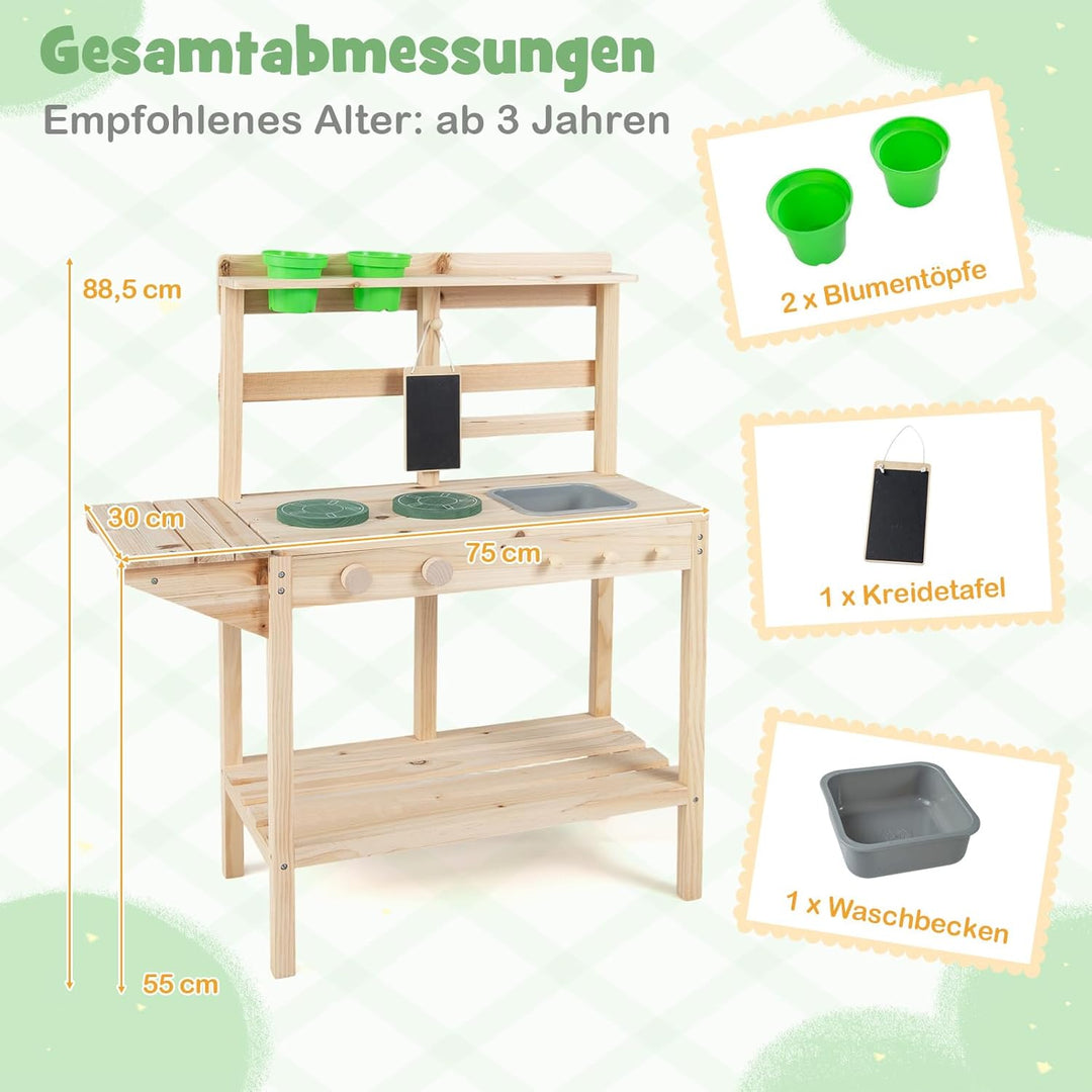 COSTWAY Matschküche Kinder Outdoor, Kinderküche Holz mit Herd, Spüle & Tafel, Spielküche mit Pflanzk