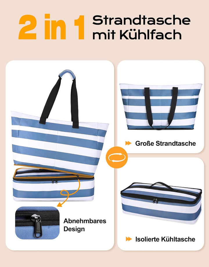 CIRYCASE Strandtasche XXL Familie mit Kühlfach, 54L Grosse Badetasche Strandtasche mit Reissverschlu