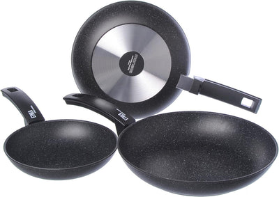 Moneta Etnea Bratpfannen Set 20-24-28, Aluminum, Schwarz - Stein Optik, 28 cm/46 x 29 x 15 cm, Bratp