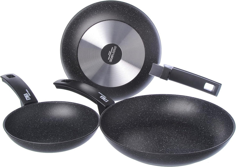 Moneta Etnea Bratpfannen Set 20-24-28, Aluminum, Schwarz - Stein Optik, 28 cm/46 x 29 x 15 cm, Bratp