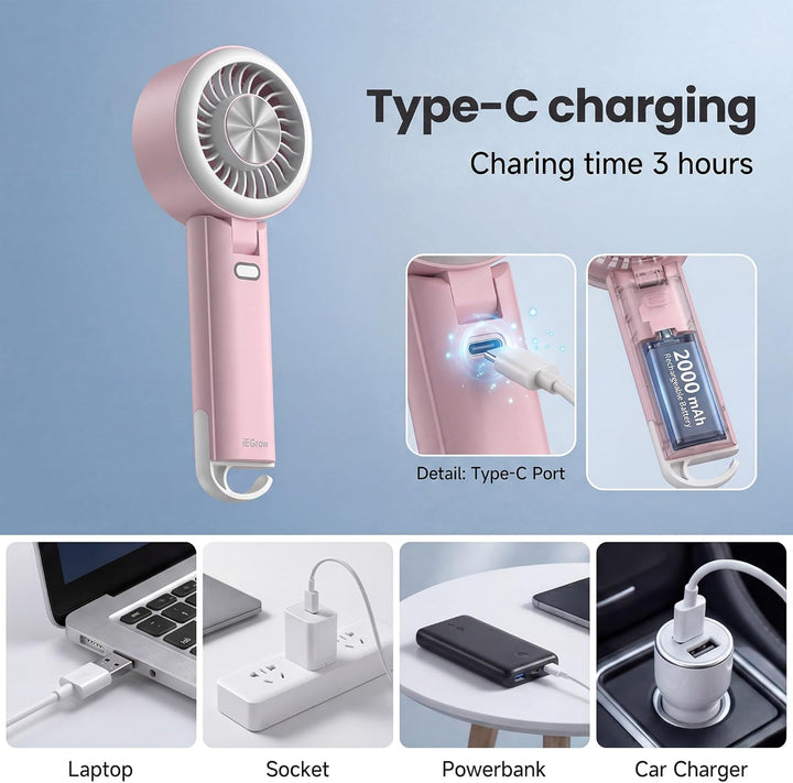 Handventilator Tragbarer Mini Ventilatoren USB Wiederaufladbarer [2-9 Betriebsstunden] 3 Geschwindig