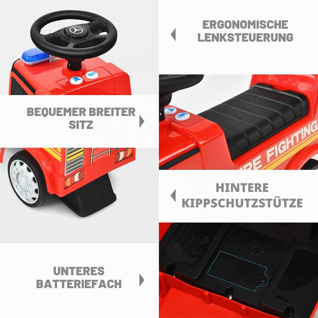 SOARS Mercedes-Benz Rutschauto, Feuerwehrauto mit Warnleuchte, Hupe &amp; Musik, Rutschfahrzeug mit vers