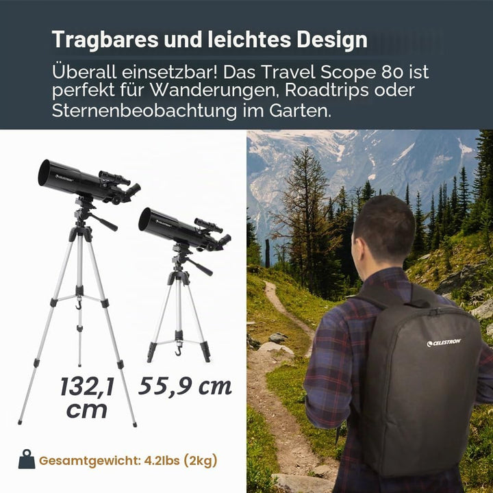 Celestron 22030 Travel Scope tragbares Refraktor-Teleskop 80 mm Linse mit vollvergüteter Glasoptik,