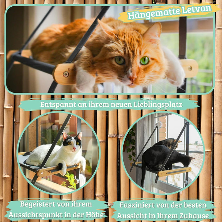 Katzenhängematte/Fensterliege für Katzen aus massivem Bambus–Katzenliege Fenster mit atmungsaktivem