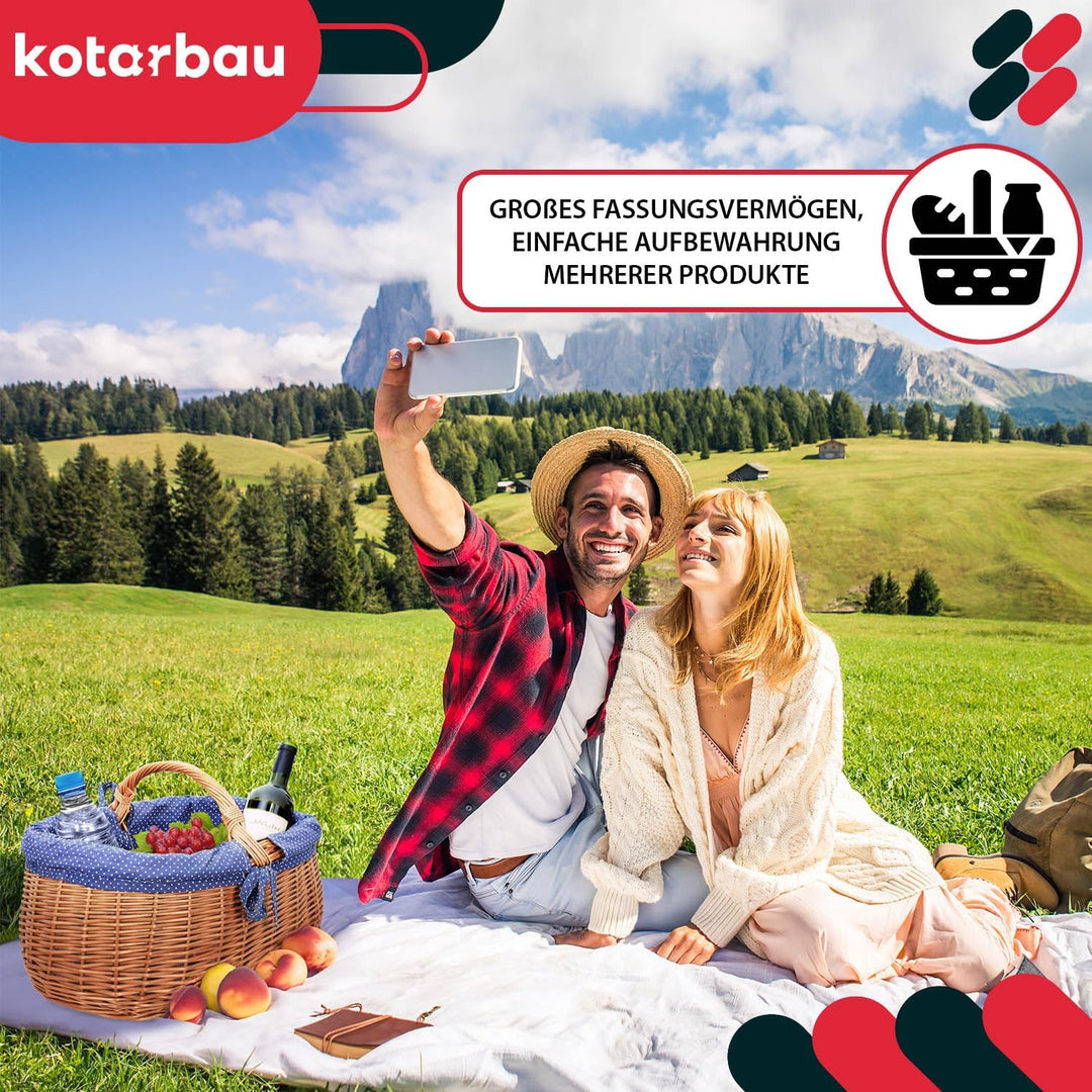 KOTARBAU® Natural Weidenkorb mit Henkel gross | mit Stoffeinlage in Blau | Tragekorb aus Weide Einka