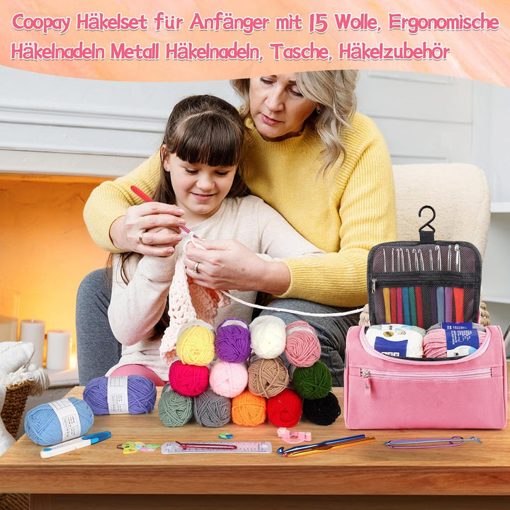 Coopay Tragbar Häkelset für Anfänger, Häkelnadel Set mit 15 Wolle, Tasche, Häkelzubehör, Ergonomisch