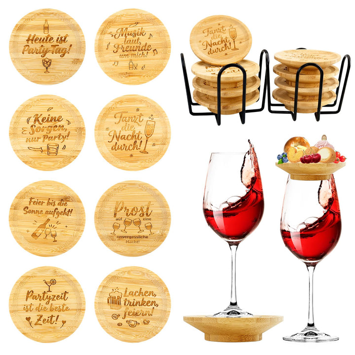 8 Stück Weinglas Topper Holz, Wine Glass Charcuterie Topper mit 2 Halterungen, Bambus Weinglas Toppe