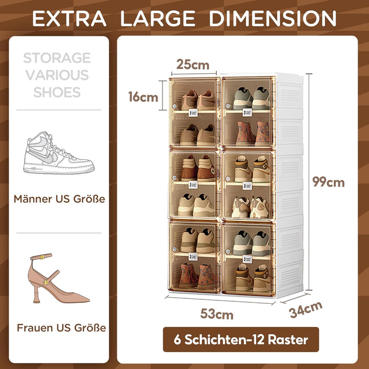 Transparente schuhregal,schuhboxen stapelbar Braun, mit magnetischer Tür, für Stöckelschuhe, Stiefel