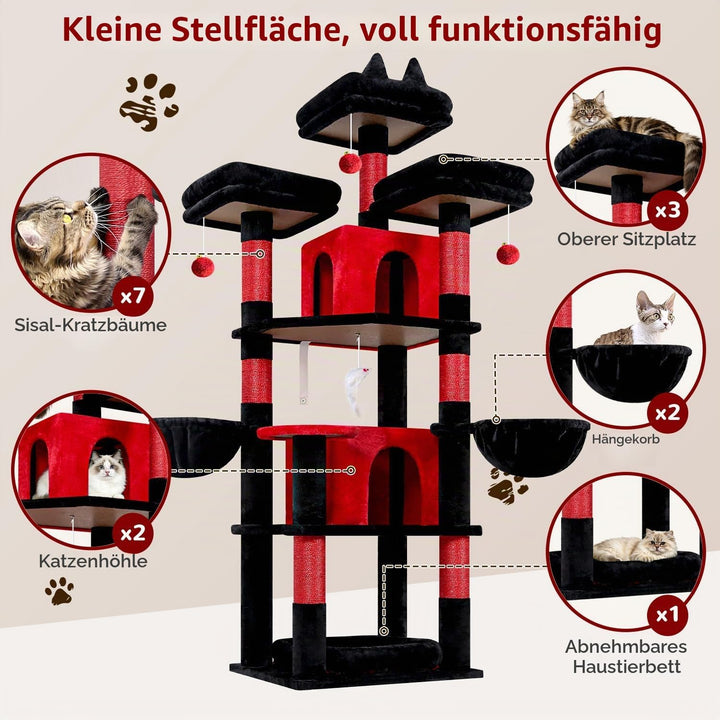 Globlazer Kratzbaum Schwarz Rot Stabil 174 cm mit 3 Gepolsterte Sitzstangen, 2 Katzenhaus, 2 Korb, A