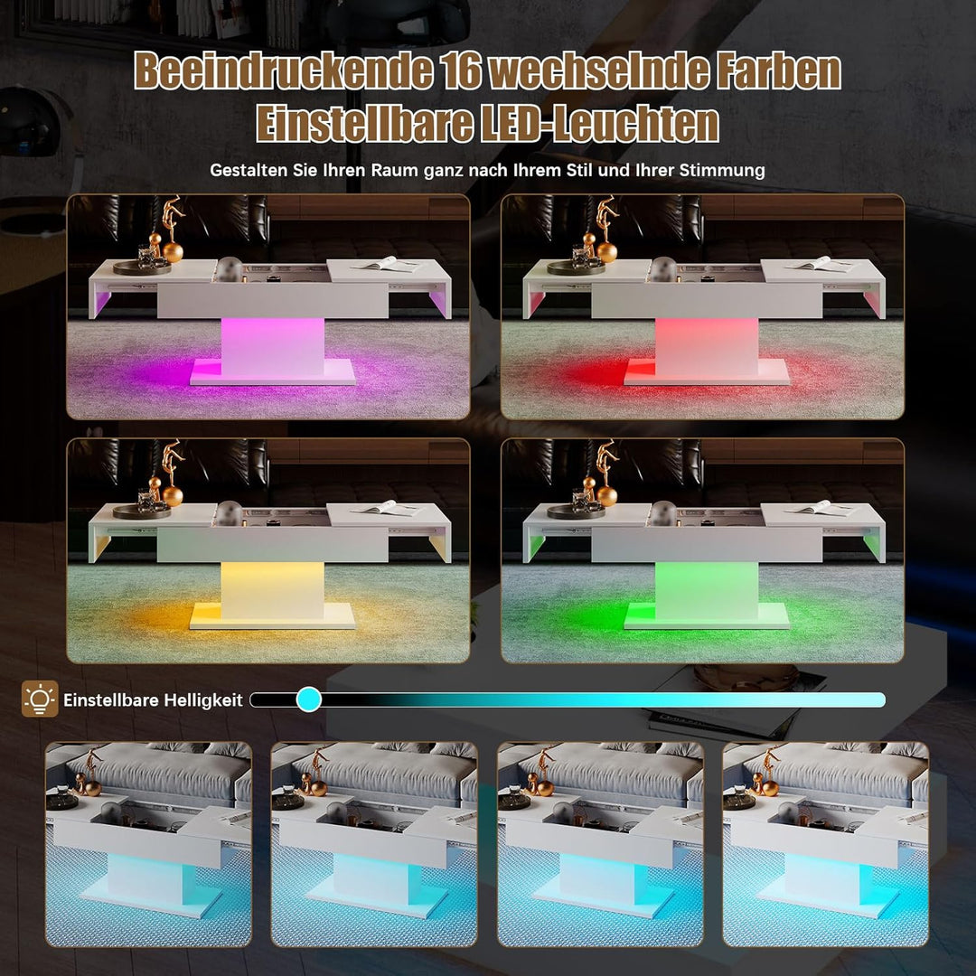 KEEPREAPER Couchtisch Hochglanz ausziehbar, Wohnzimmertisch versenkbar mit Stauraum für Sofa, 108x53