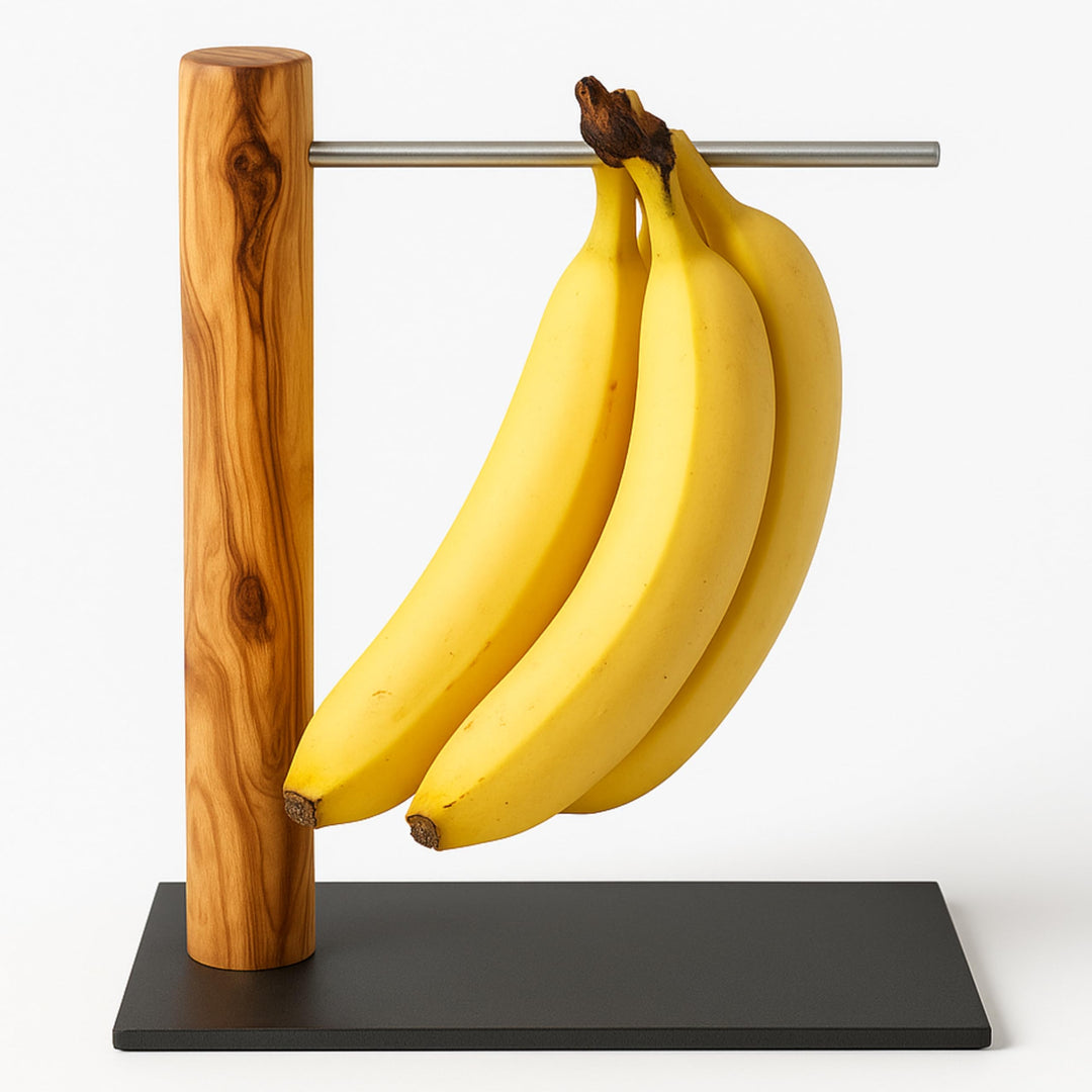 Figura Santa Handgefertigter Bananenhalter aus Olivenholz, Obstständer mit Stange, Italienische Hand