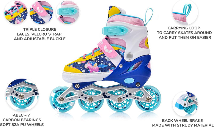 meteor® Inlineskates 4in1 Kinder Inliner Rollschuhe Roller Blades Quad Skates Carbon Kinder Inlinesk