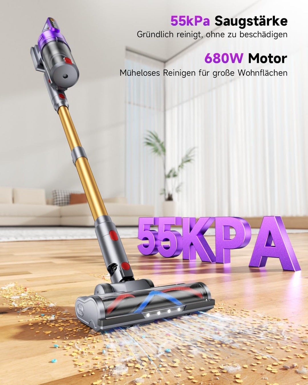 Akku Staubsauger, 55KPa/680W Staubsauger Kabellos mit Smart Display Bis zu 75 Minuten Laufzeit Cordl