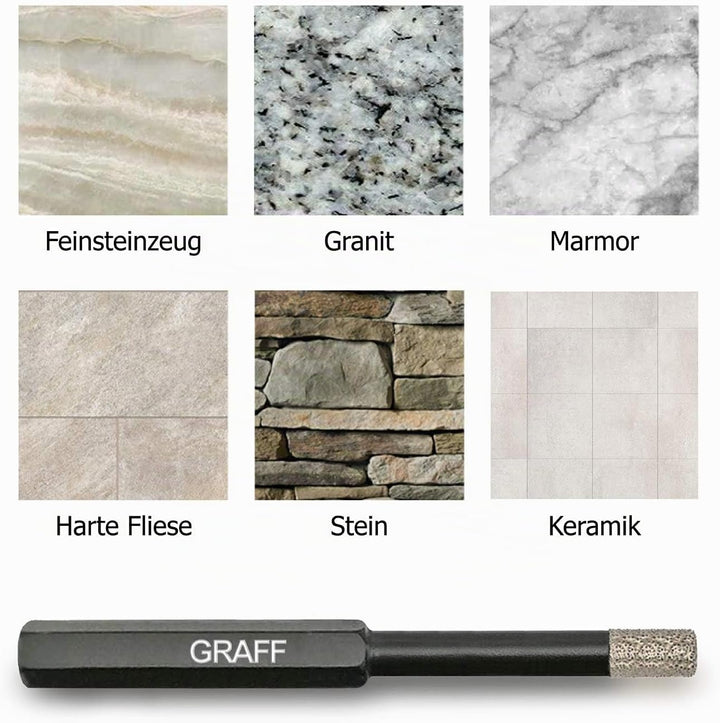 GRAFF Feinsteinzeug Bohrer 6mm für harte Fliesen Glas Кeramik Granit Stein - Diamantbohrer Fliesenbo