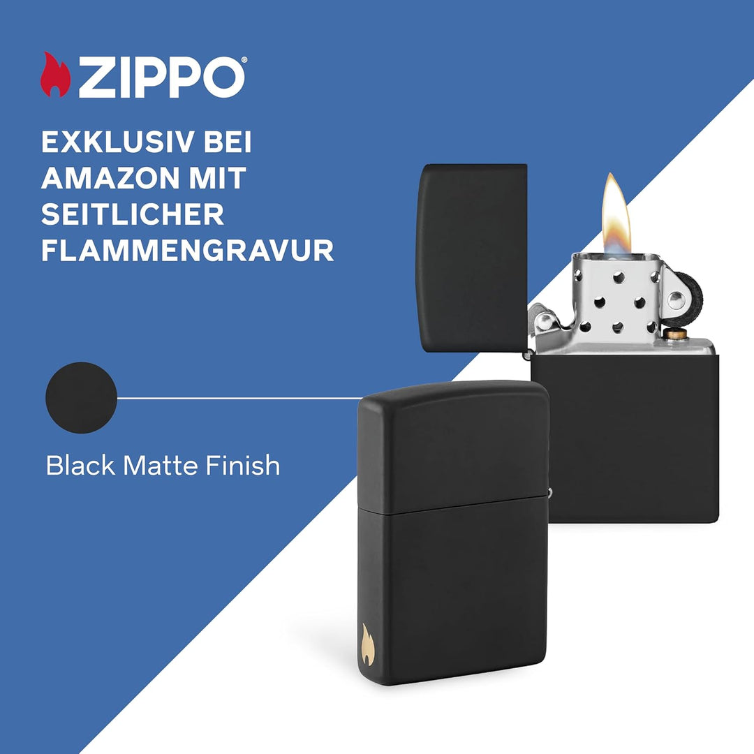 ZIPPO - Black Matte - nachfüllbares Sturmfeuerzeug in hochwertiger Geschenkbox (schwarz, Flammenmoti