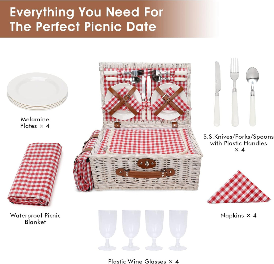 Picknick-Kühlkorb-Set für 4 Personen mit grosser wasserdichter Picknickdecke, isoliertem Fach und Be