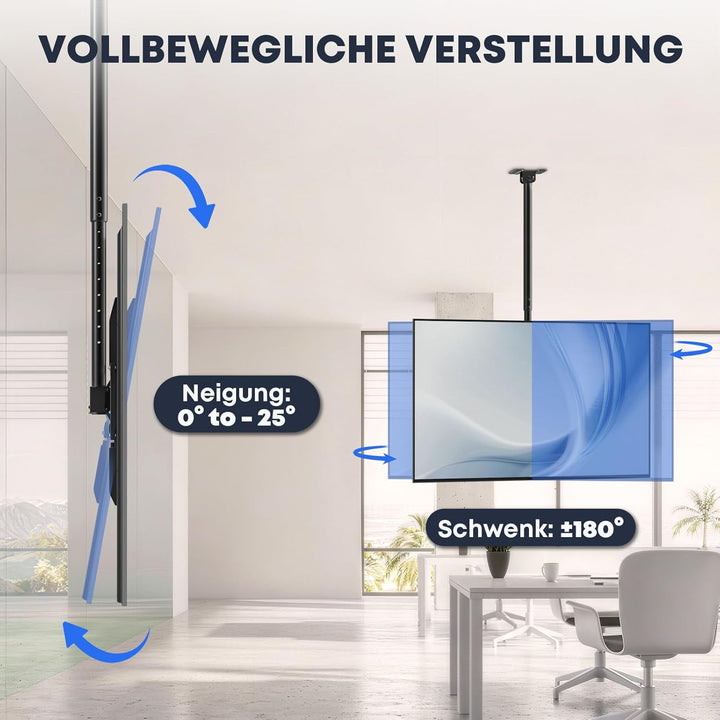 TV Deckenhalterung für 50 bis 100 Zoll, 80 kg Tragkraft, Höhenverstellbar 115-170 cm, Schwenk- und N