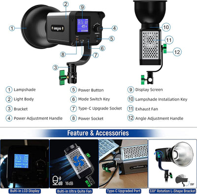 Weeylite 60W LED Videoleuchte, dimmbare Bi-Farbe 2800K-8500K, Strobe Videoleuchte mit Handy Bluetoot