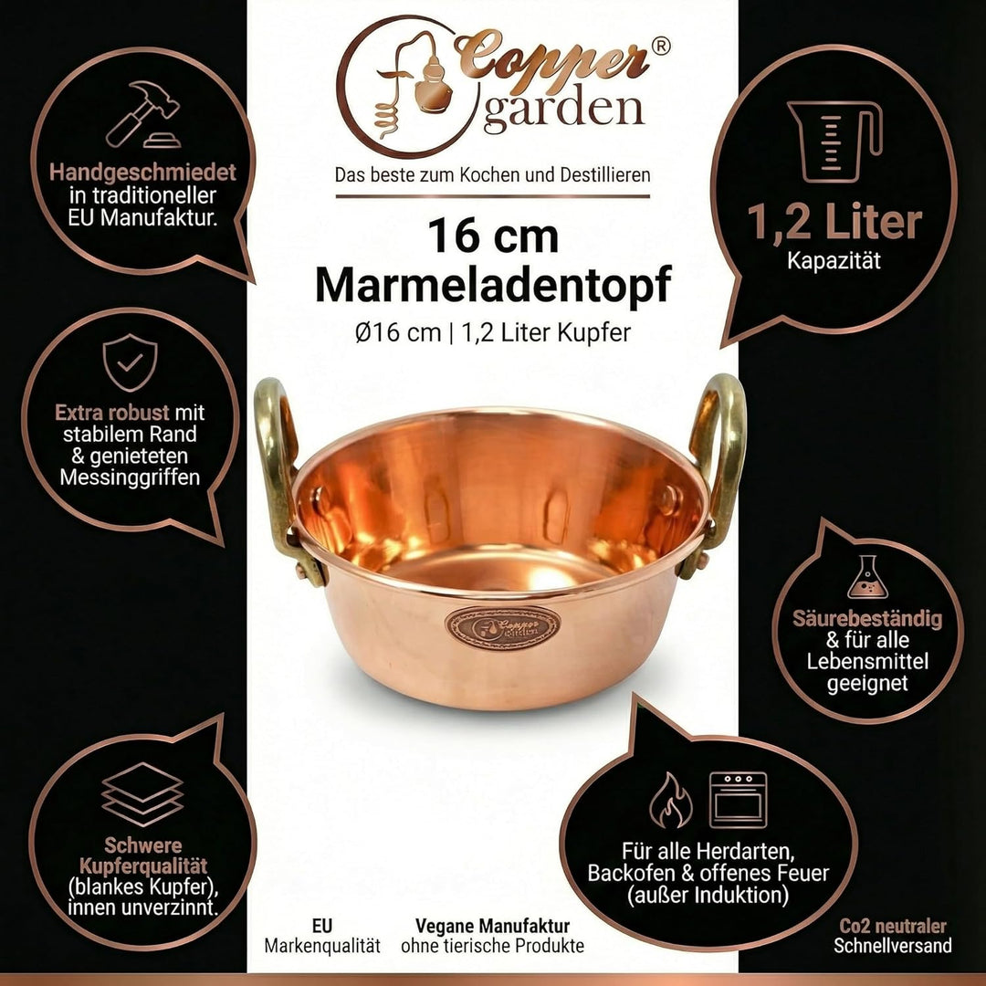 CopperGarden Sossen- & Marmeladentopf 1,2 Liter I Kochtopf aus Kupfer mit 16 cm Durchmesser I handli