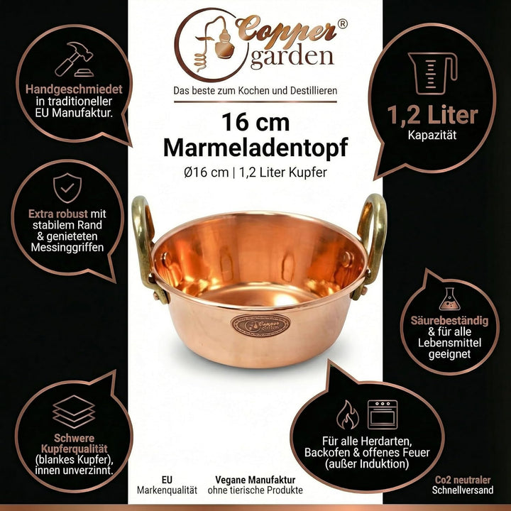 CopperGarden Sossen- & Marmeladentopf 1,2 Liter I Kochtopf aus Kupfer mit 16 cm Durchmesser I handli